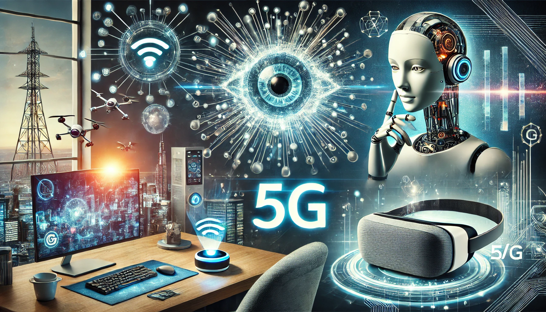 A futuristic collage showcasing advanced technology trends, featuring a robotic hand interacting with a glowing holographic interface, a smart home voice assistant, a glowing 5G symbol, AR/VR headsets in a modern workspace, and a connected cityscape with drones. The image uses a metallic and futuristic color palette with shades of blue, silver, and neon highlights