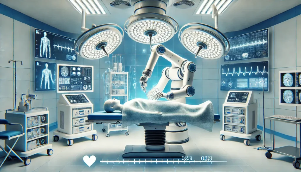 A robot performing surgery in a modern operating room, showcasing artificial intelligence in real-world applications. The robotic arms are precisely controlled, surrounded by advanced medical equipment and monitors displaying real-time data and AI algorithms. The scene highlights innovation in healthcare technology