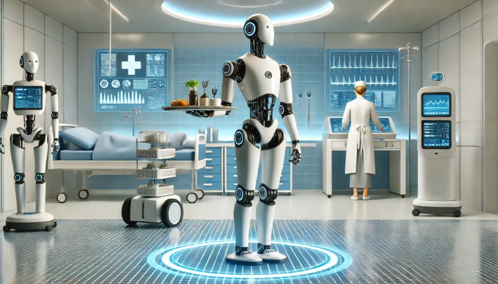 Humanoid robot assisting in healthcare tasks while a service robot delivers food in a high-tech futuristic hospital setting