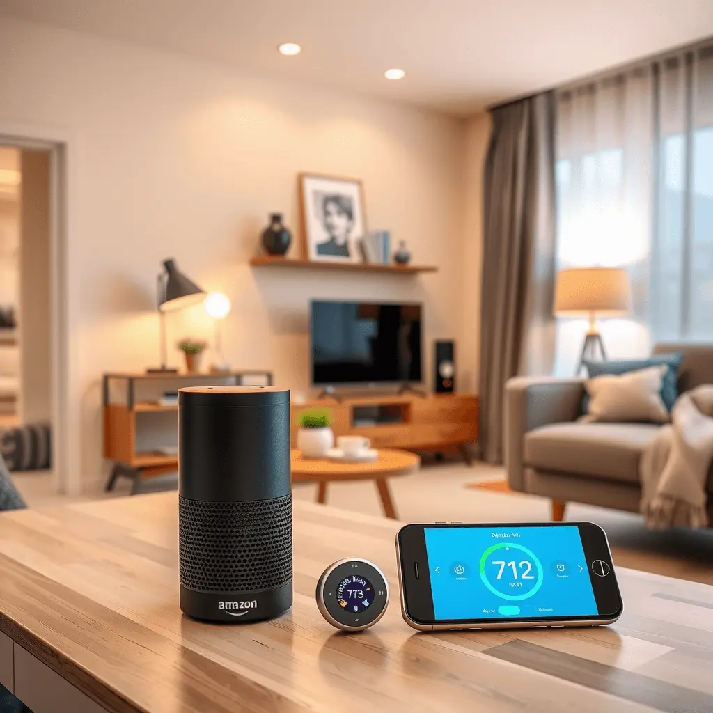 Modern living room with smart home devices including an Amazon Echo, a smart thermostat, and a smartphone displaying a home automation app