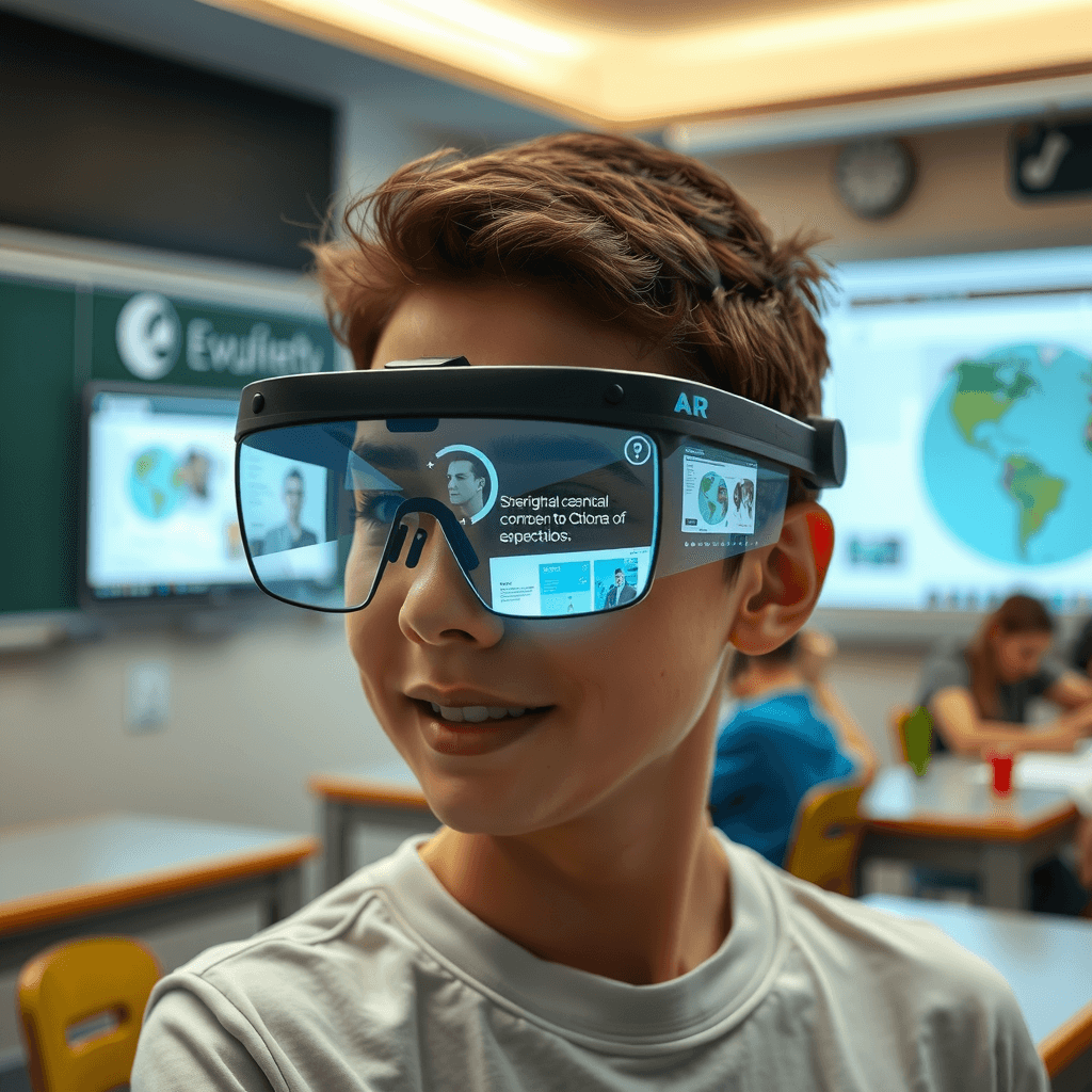 Student using augmented reality (AR) glasses to view virtual educational content in a classroom